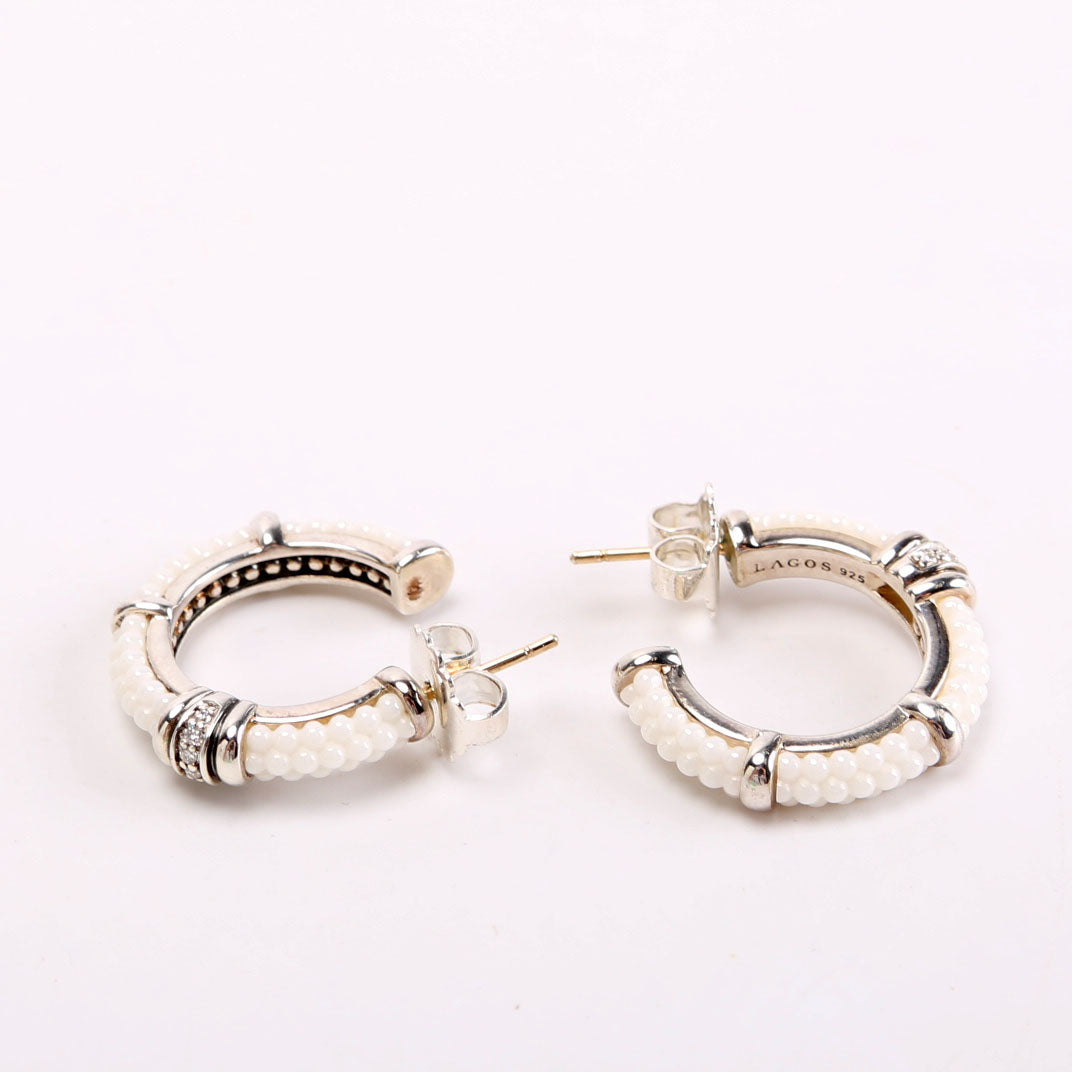 White Caviar/Ceramic Diamond Hoop Earrings Silver/White