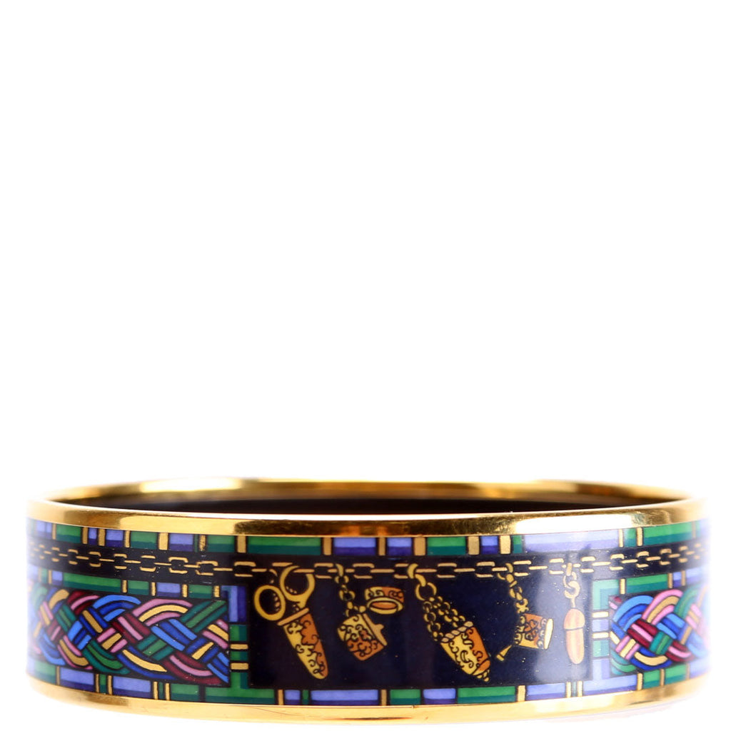 Printed Enamel Wide Bangle Bracelet Gold/Blue