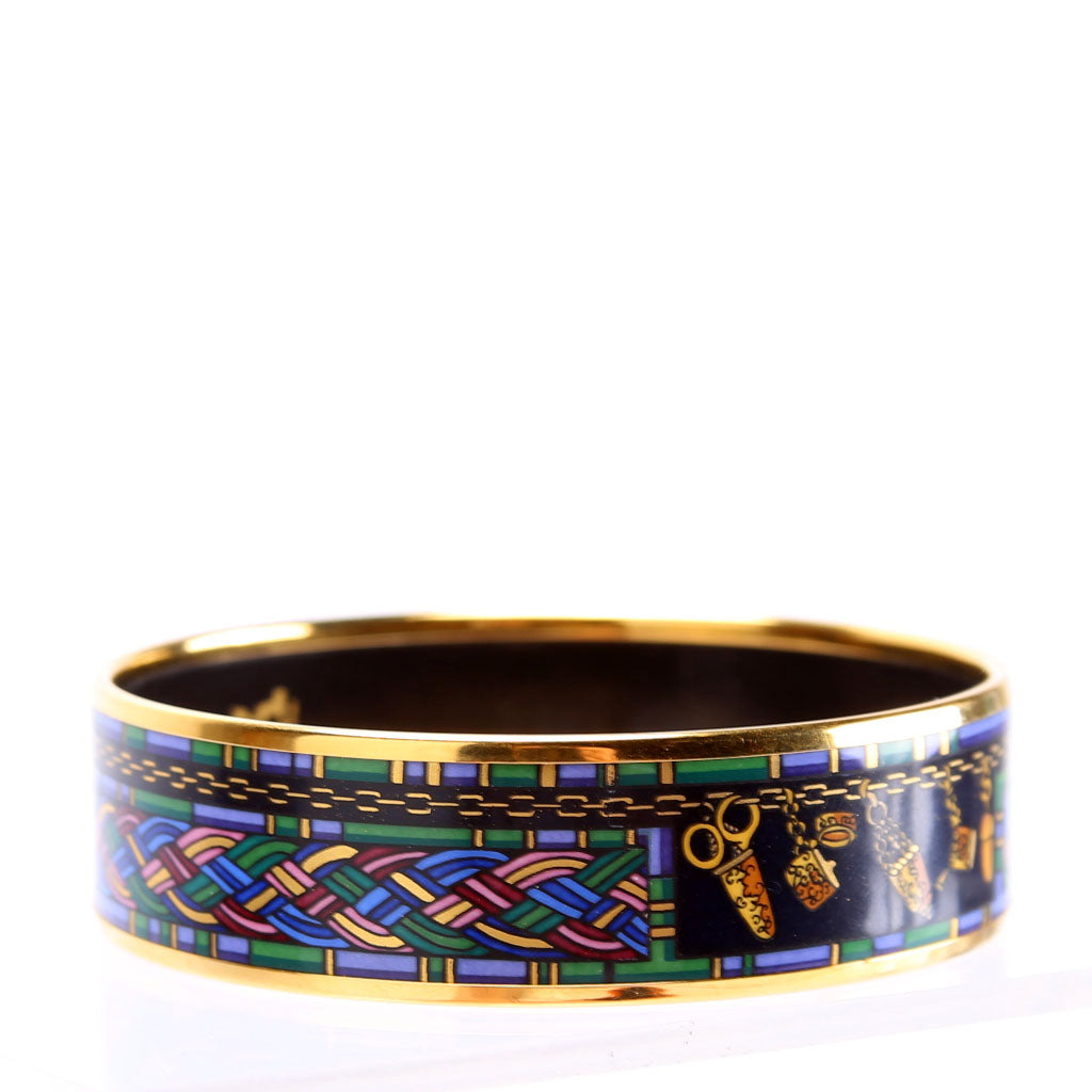 Printed Enamel Wide Bangle Bracelet Gold/Blue