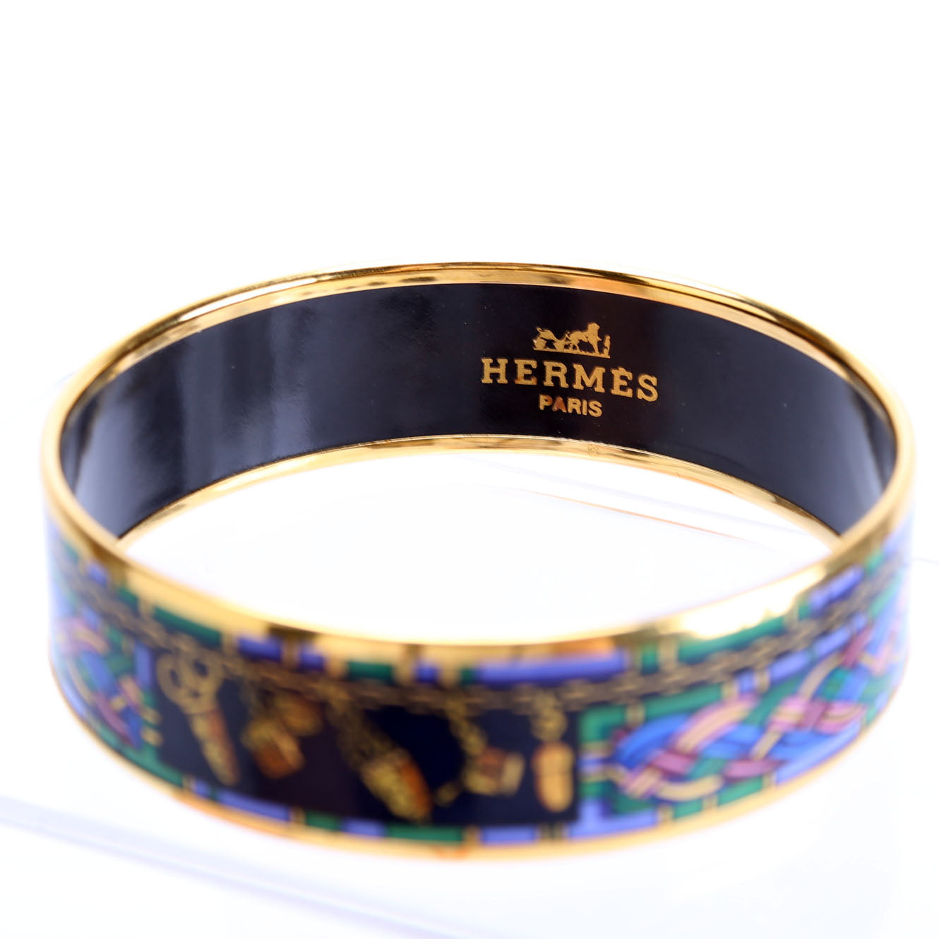 Printed Enamel Wide Bangle Bracelet Gold/Blue