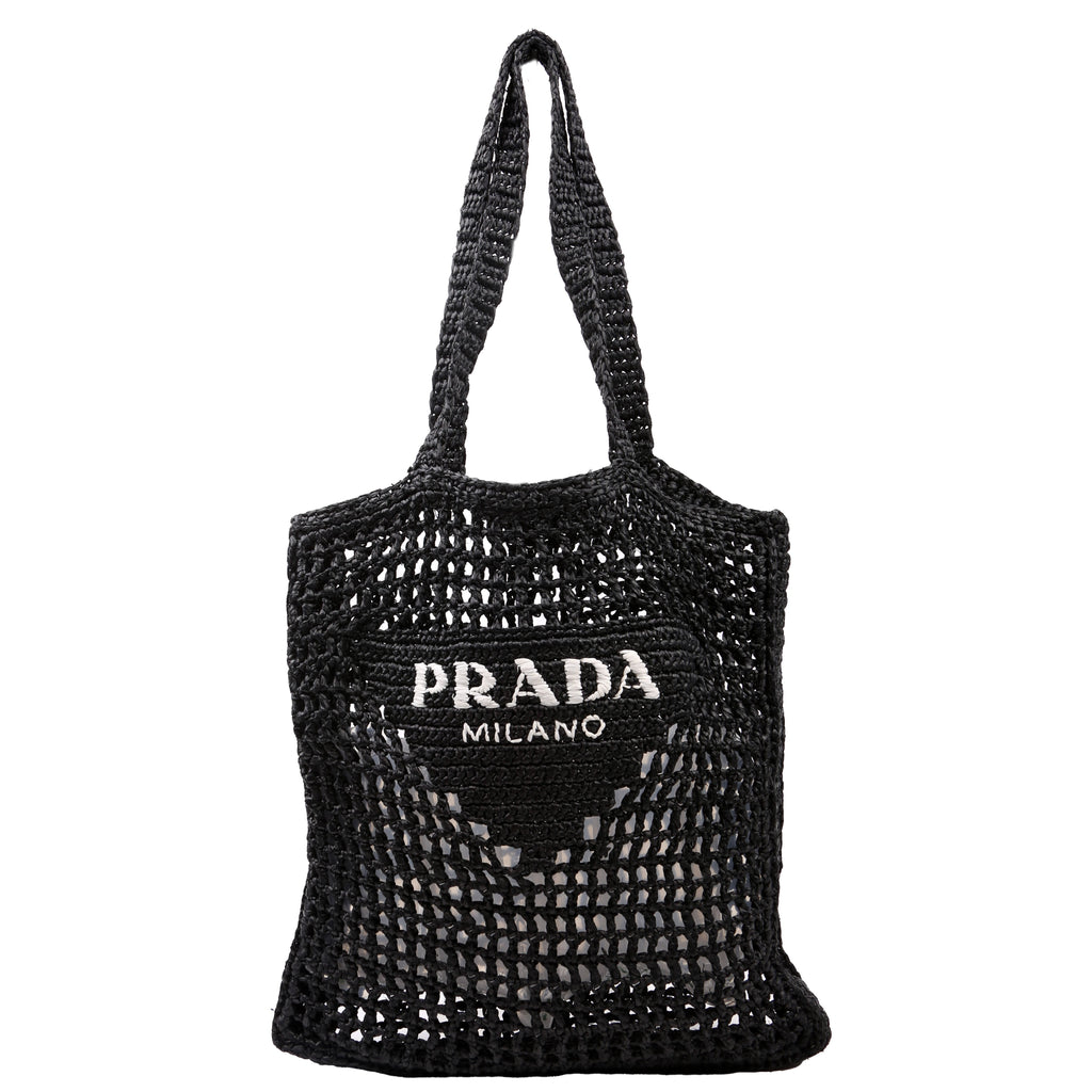 Prada 1BG393 Raffia Crochet Tote Bag Black