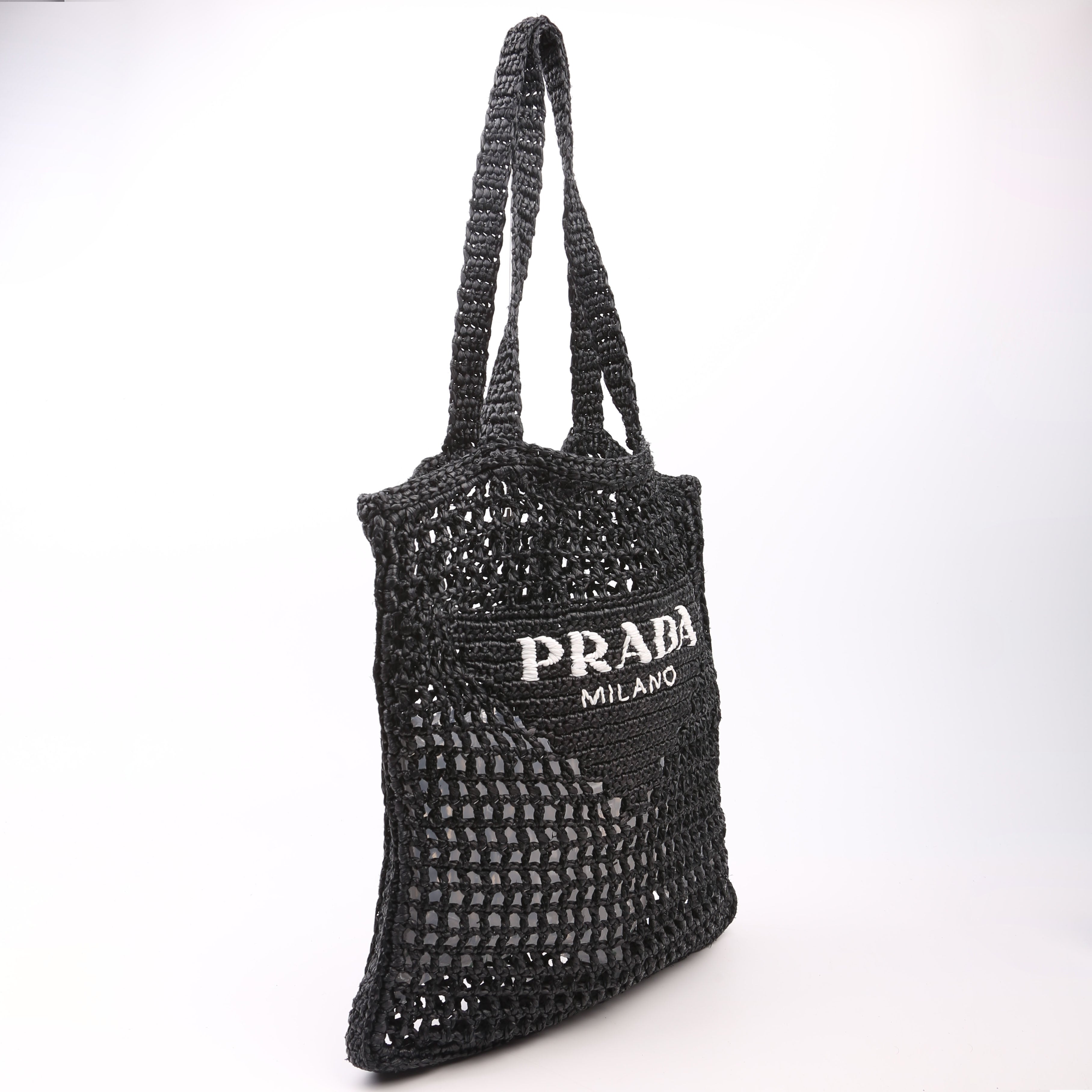 Prada 1BG393 Raffia Crochet Tote Bag Black