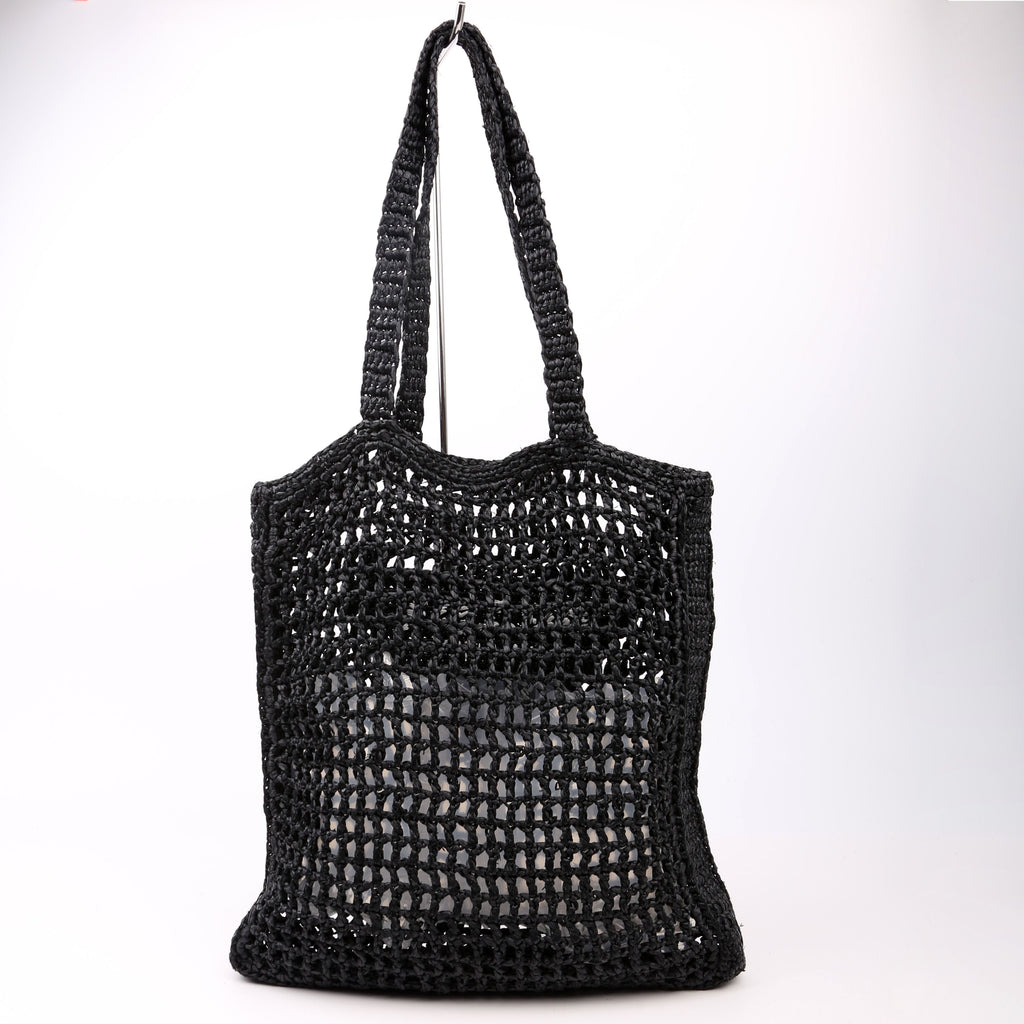 Prada 1BG393 Raffia Crochet Tote Bag Black