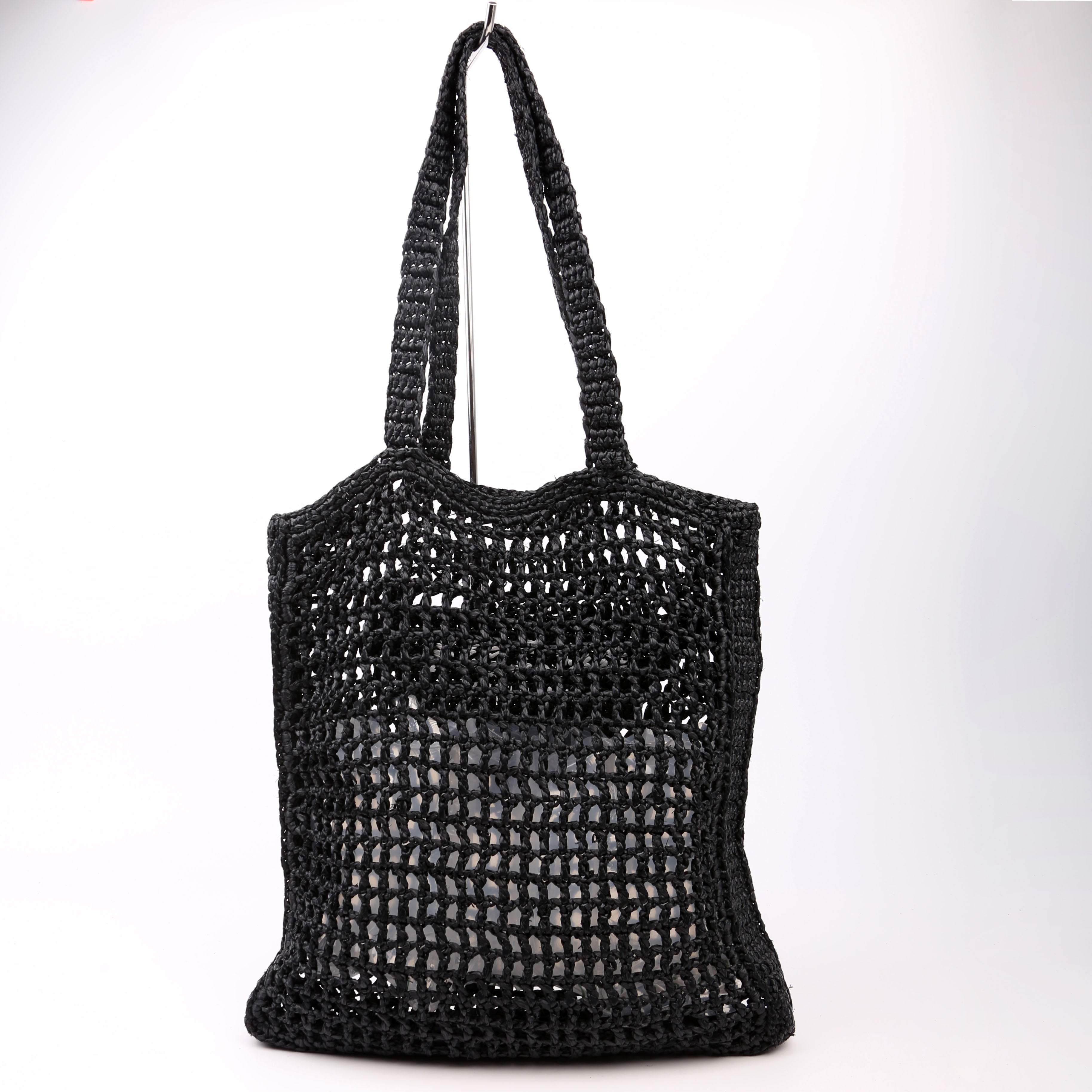 Prada 1BG393 Raffia Crochet Tote Bag Black