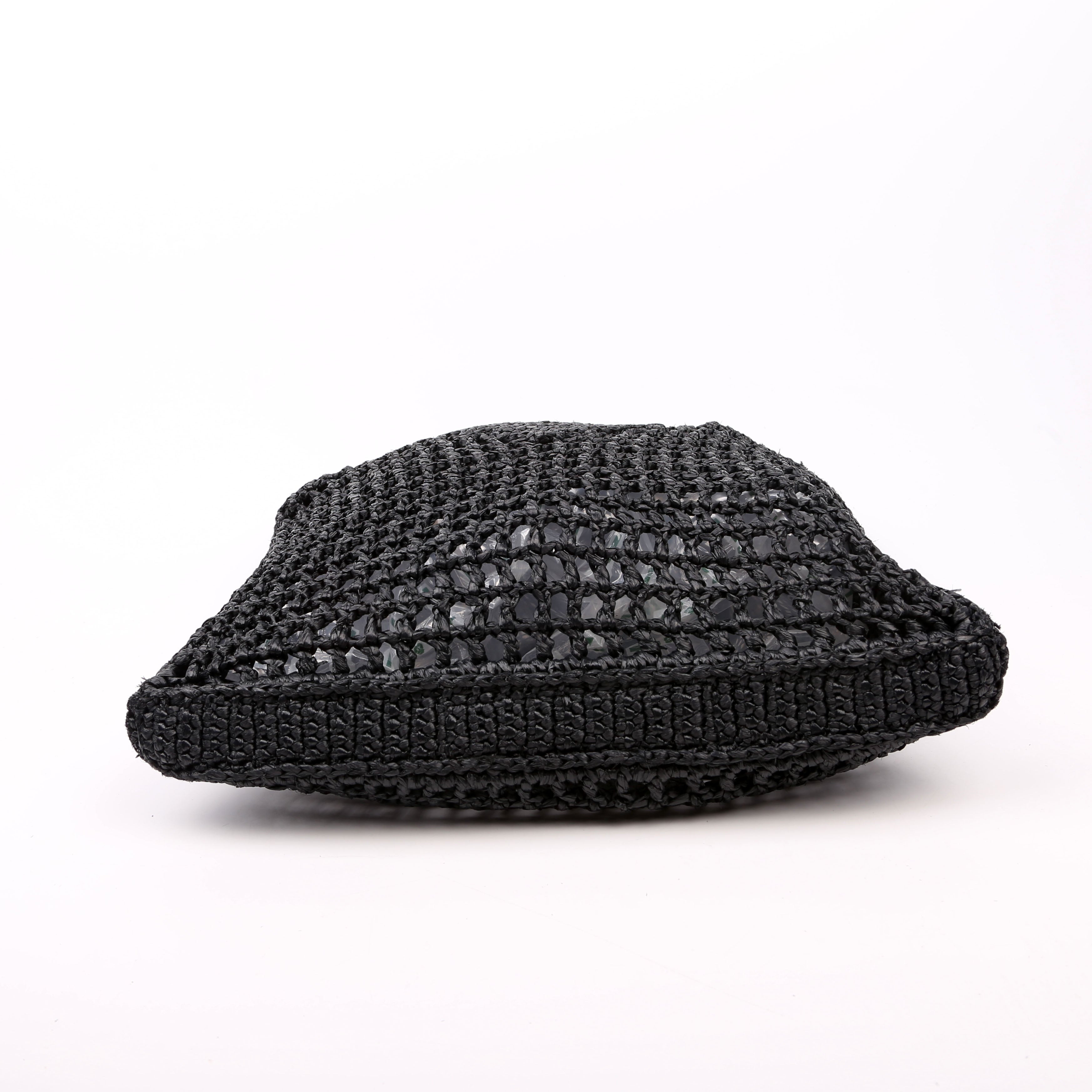 Prada 1BG393 Raffia Crochet Tote Bag Black