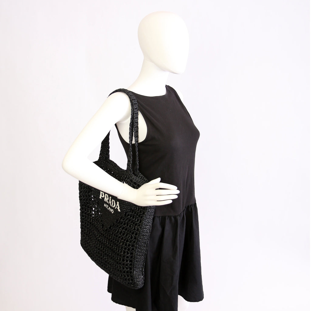 Prada 1BG393 Raffia Crochet Tote Bag Black