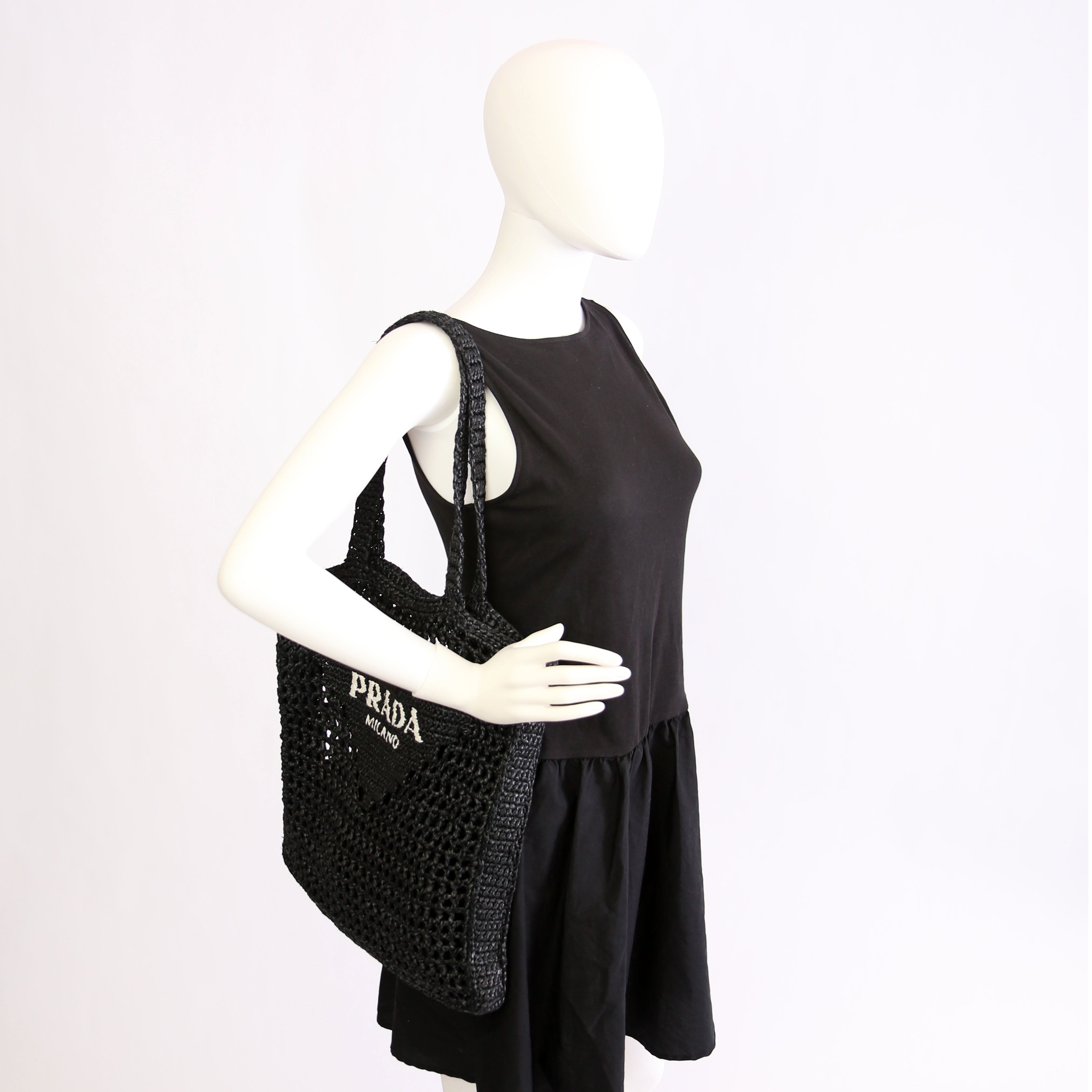 Prada 1BG393 Raffia Crochet Tote Bag Black