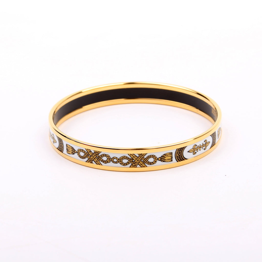 Printed Enamel Narrow Bangle Bracelet Gold/White
