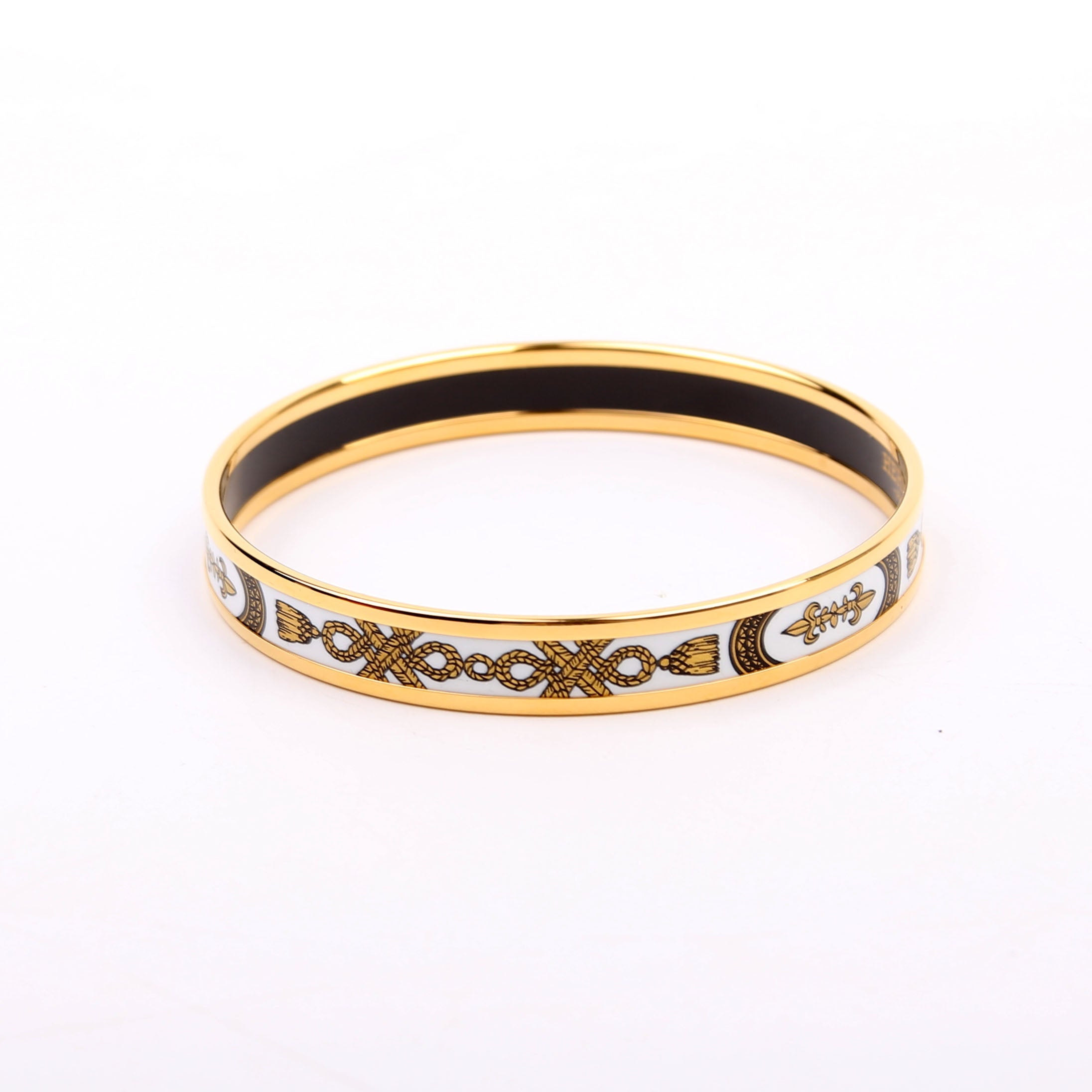 Printed Enamel Narrow Bangle Bracelet Gold/White