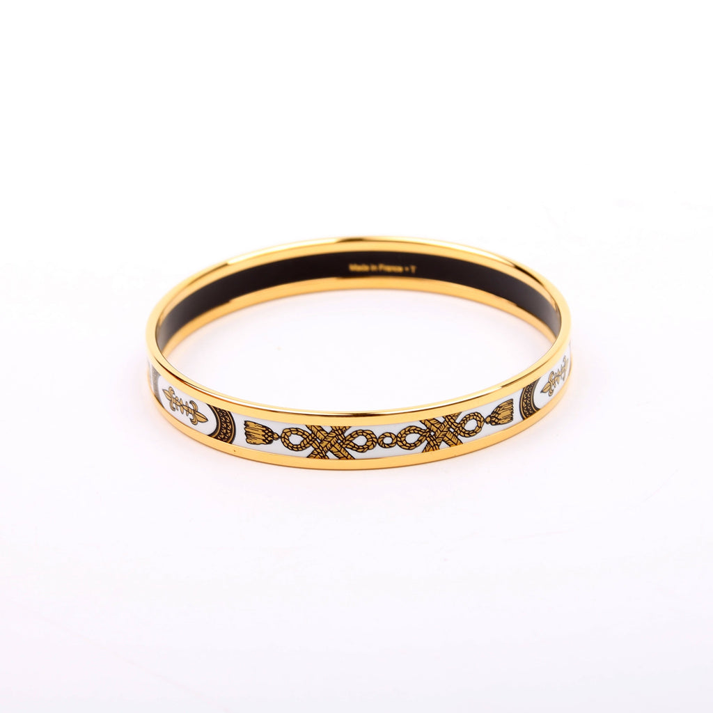 Printed Enamel Narrow Bangle Bracelet Gold/White