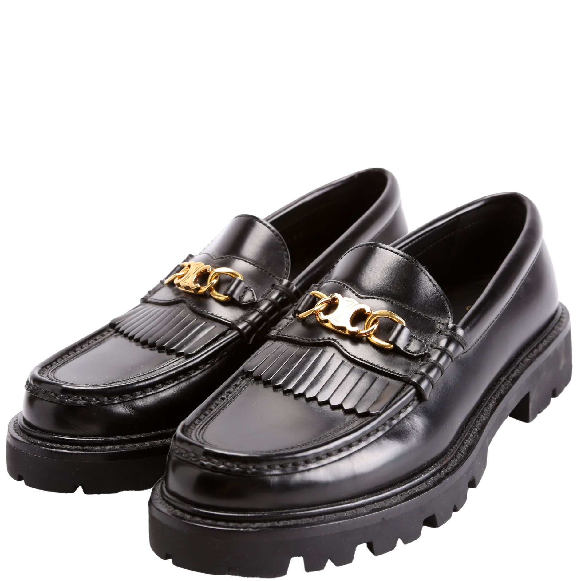 Triomphe Leather Loafers Size 38 Black/Gold
