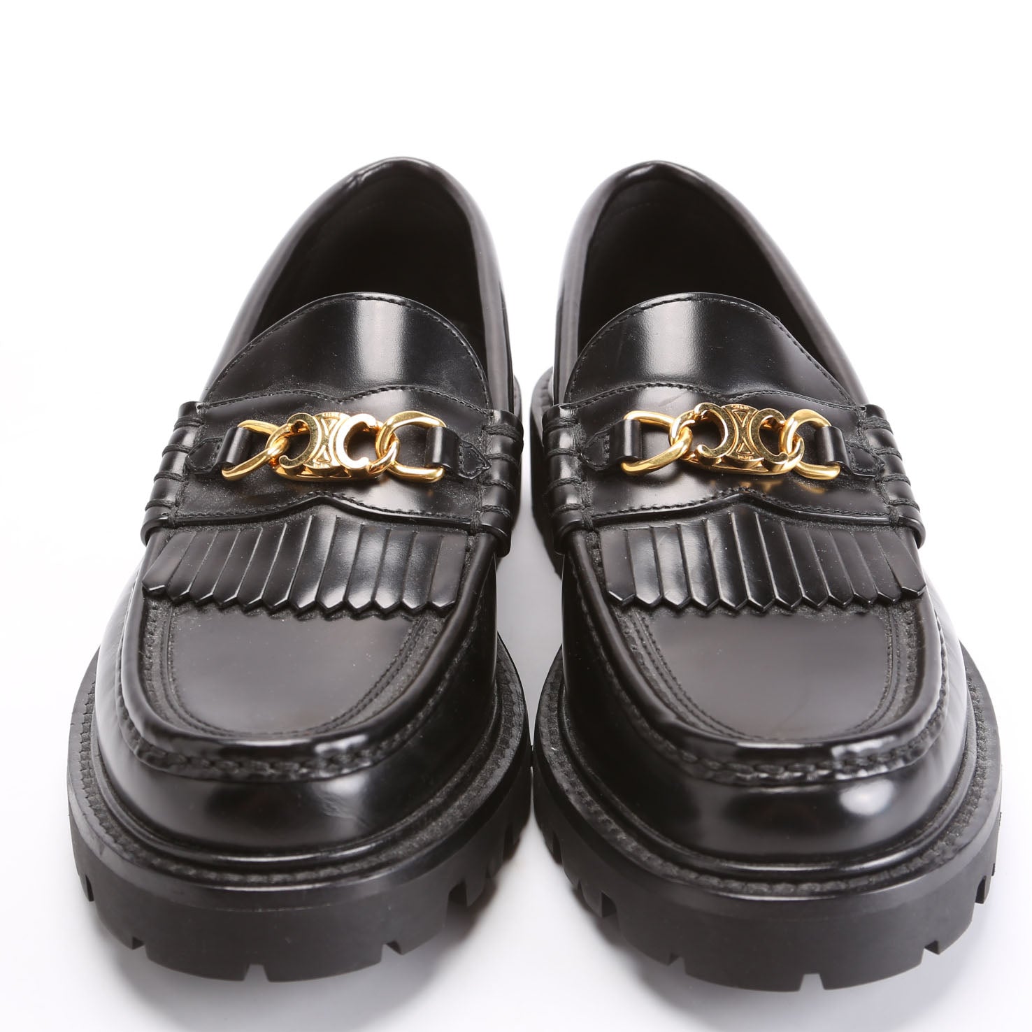 Triomphe Leather Loafers Size 38 Black/Gold