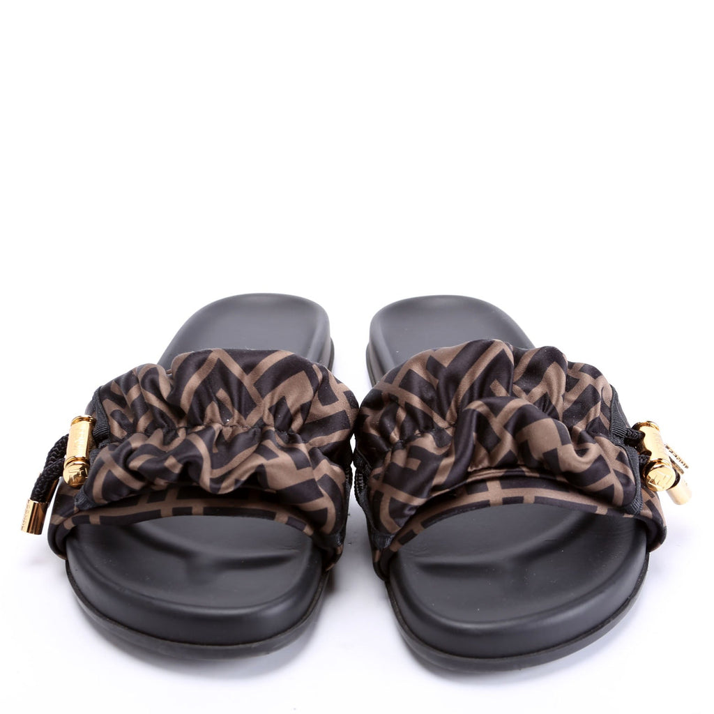 Fendi Feel Satin Slides Size 37 Brown/Black