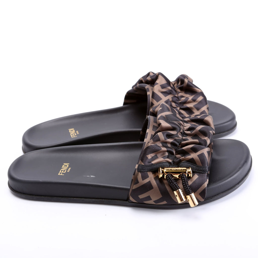 Fendi Feel Satin Slides Size 37 Brown/Black