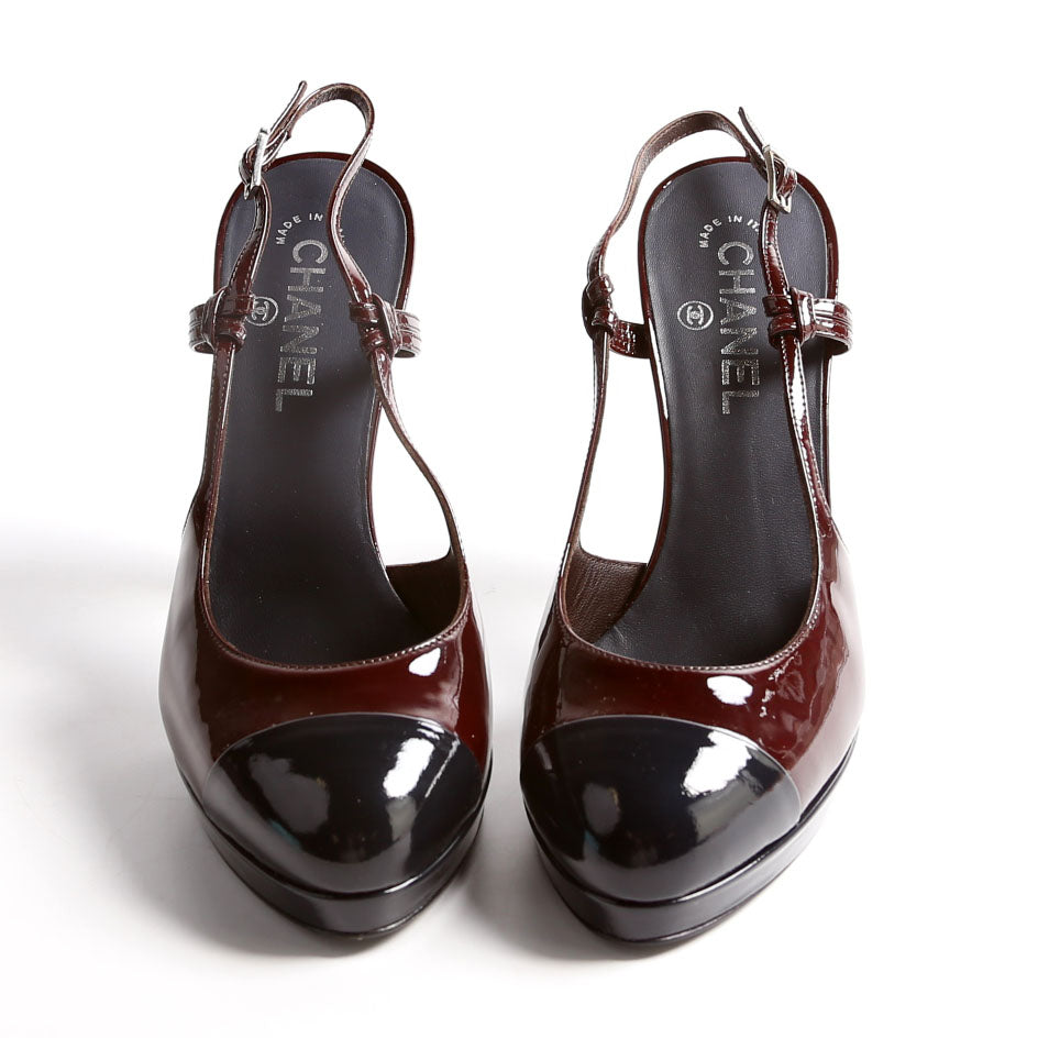 Cap Toe Patent Slingback Pumps Size 39 Navy/Burgundy