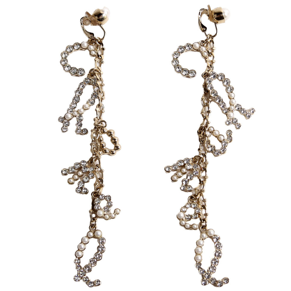 Crystal Pearl Drop Letters Clip On Earrings Gold/Pearl