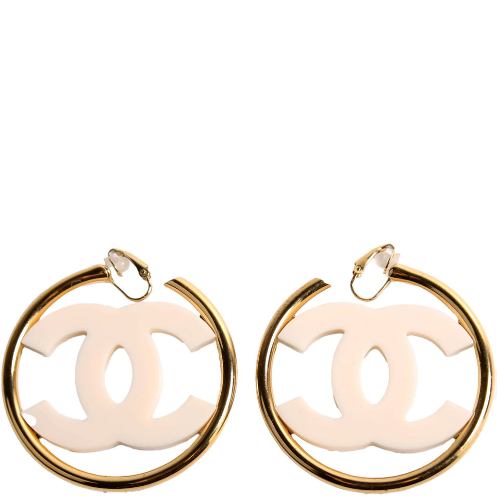 CC Enamel Metal Hoop Clip On Earrings Gold/Ivory