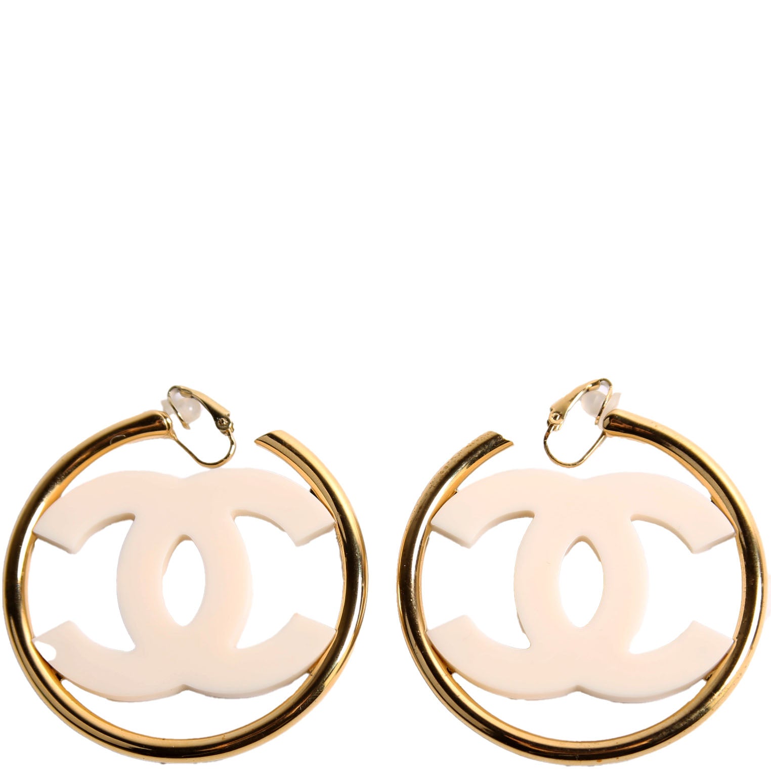 CC Enamel Metal Hoop Clip On Earrings Gold/Ivory