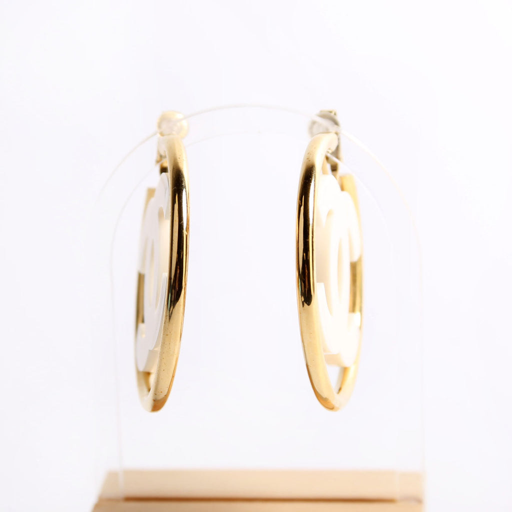 CC Enamel Metal Hoop Clip On Earrings Gold/Ivory