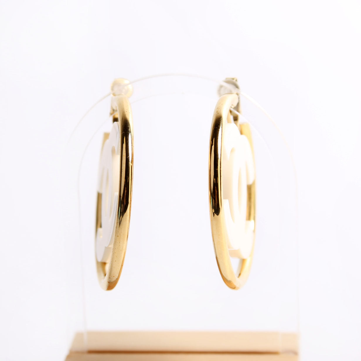 CC Enamel Metal Hoop Clip On Earrings Gold/Ivory