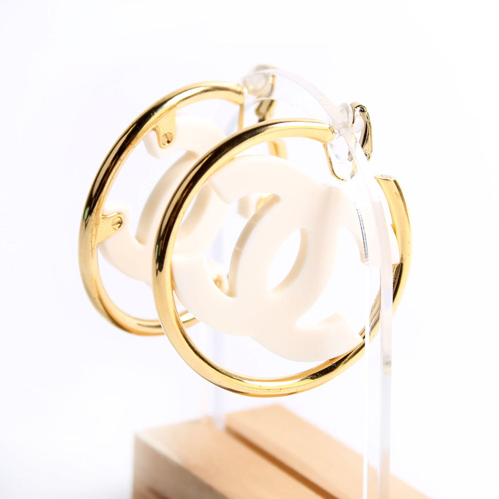 CC Enamel Metal Hoop Clip On Earrings Gold/Ivory