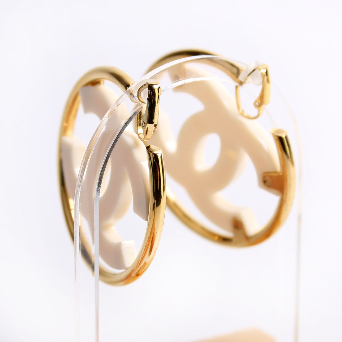 CC Enamel Metal Hoop Clip On Earrings Gold/Ivory