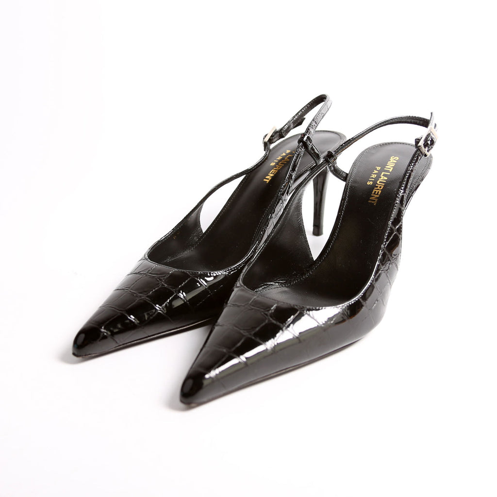 Vendome Crocodile Embossed Pointed Toe Slingback Kitten Heels Size 38