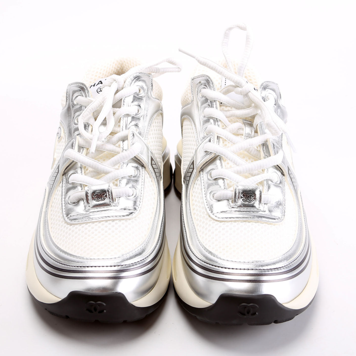 CC Stretch Laminated Calfskin Sneakers Size 38 Silver