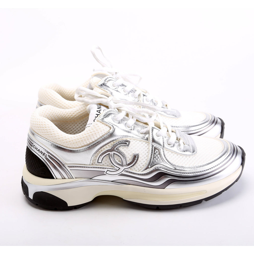 CC Stretch Laminated Calfskin Sneakers Size 38 Silver