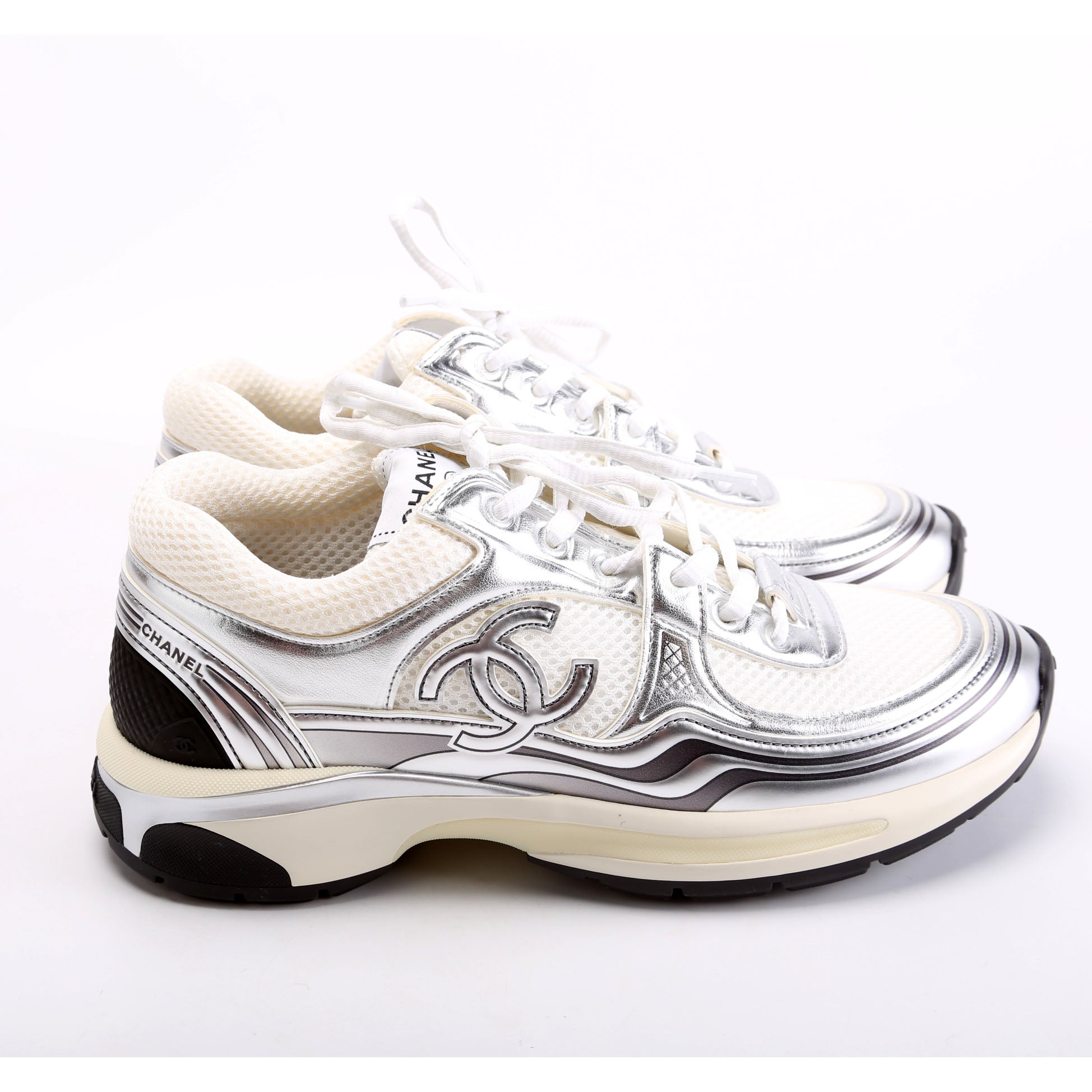 CC Stretch Laminated Calfskin Sneakers Size 38 Silver