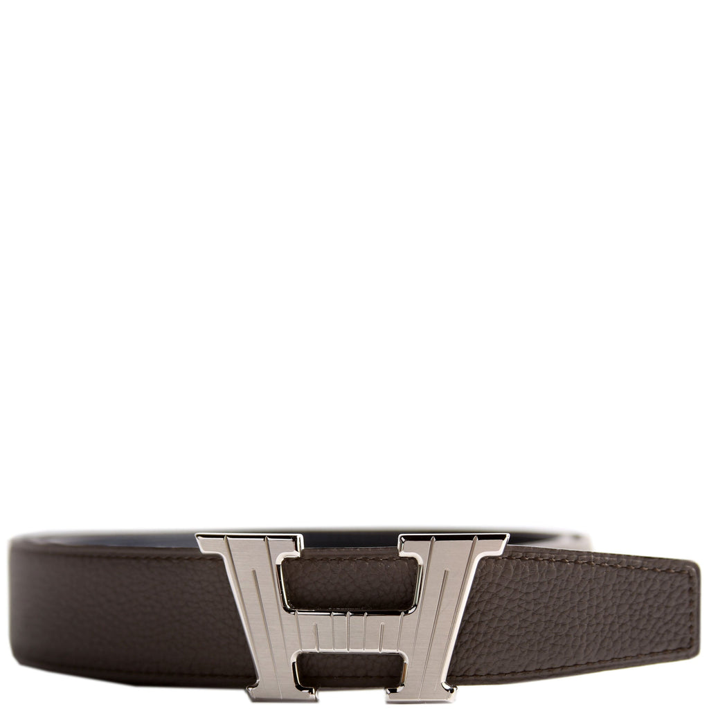 H Buckle 32MM Reversible Leather Belt Size 105 Grey/Navy