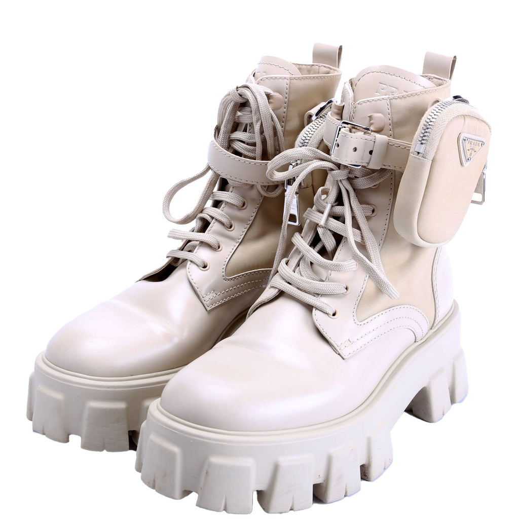 Prada Monolith Leather/ Re-Nylon Boots W/ Pouch Size 38 Tan