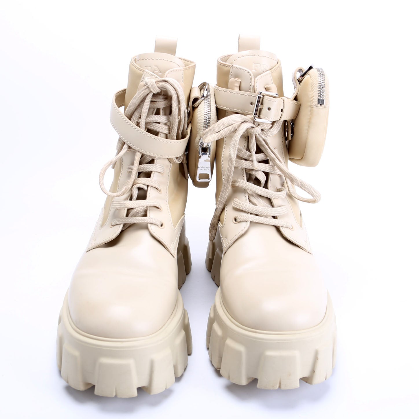 Prada Monolith Leather/ Re-Nylon Boots W/ Pouch Size 38 Tan