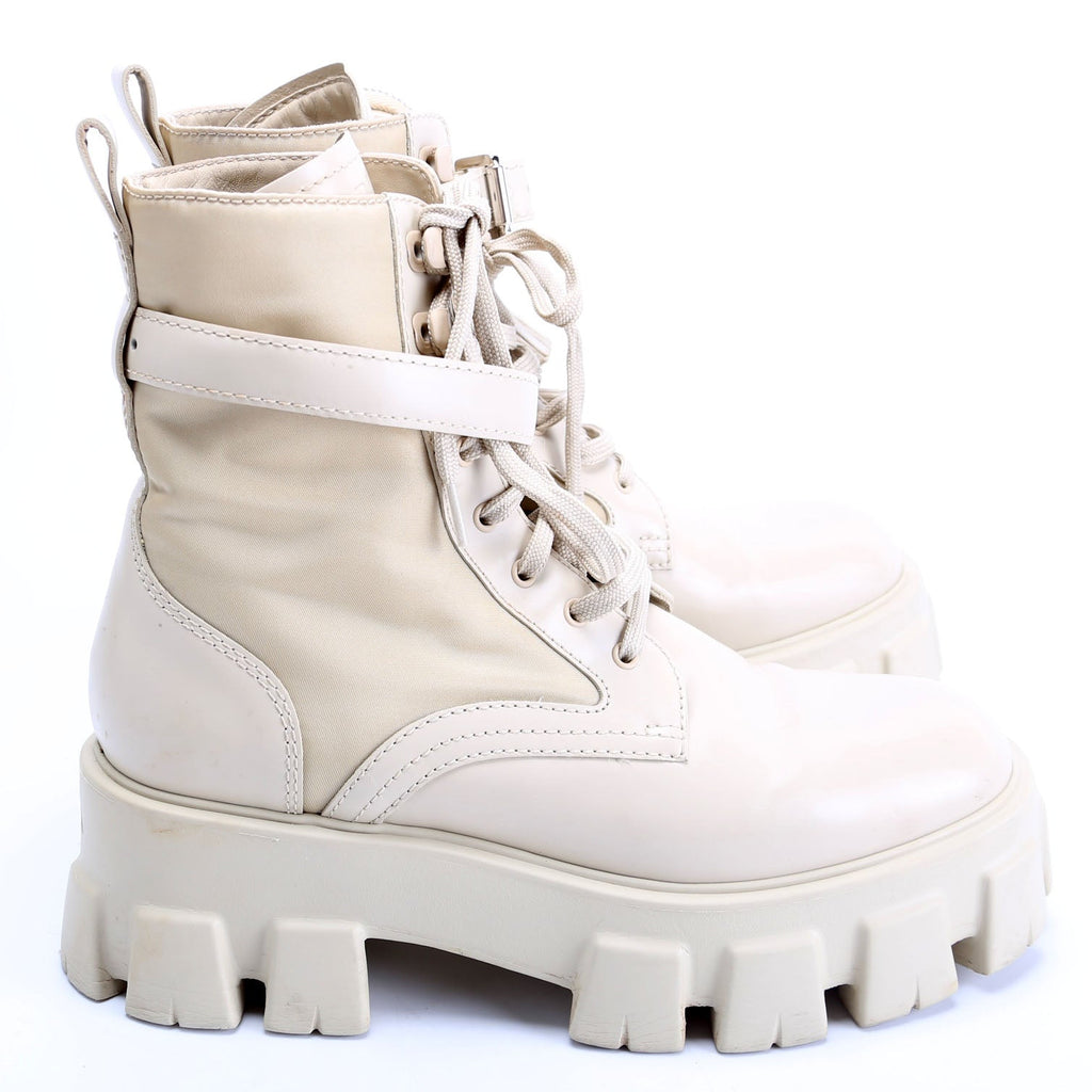 Prada Monolith Leather/ Re-Nylon Boots W/ Pouch Size 38 Tan