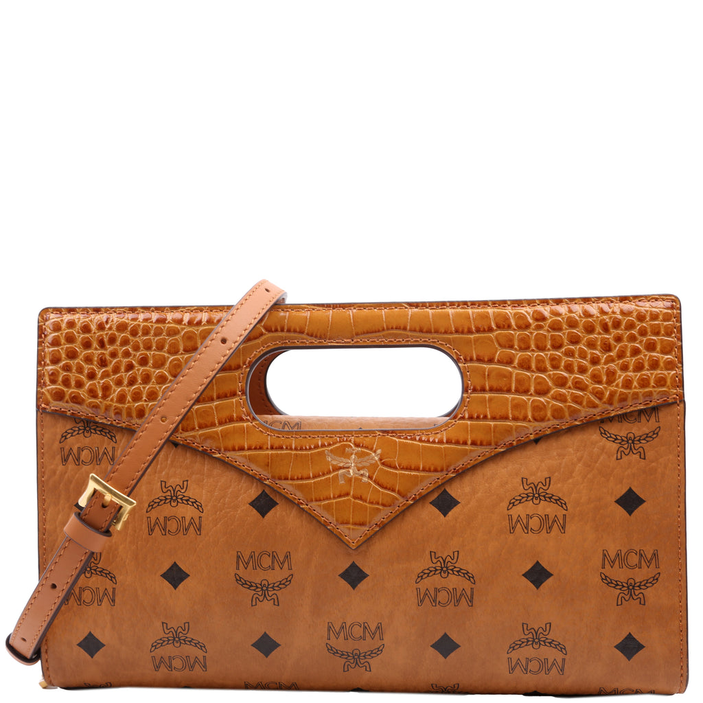 Visetos/Crocodile Embossed Leather Diamond Tote Small Cognac