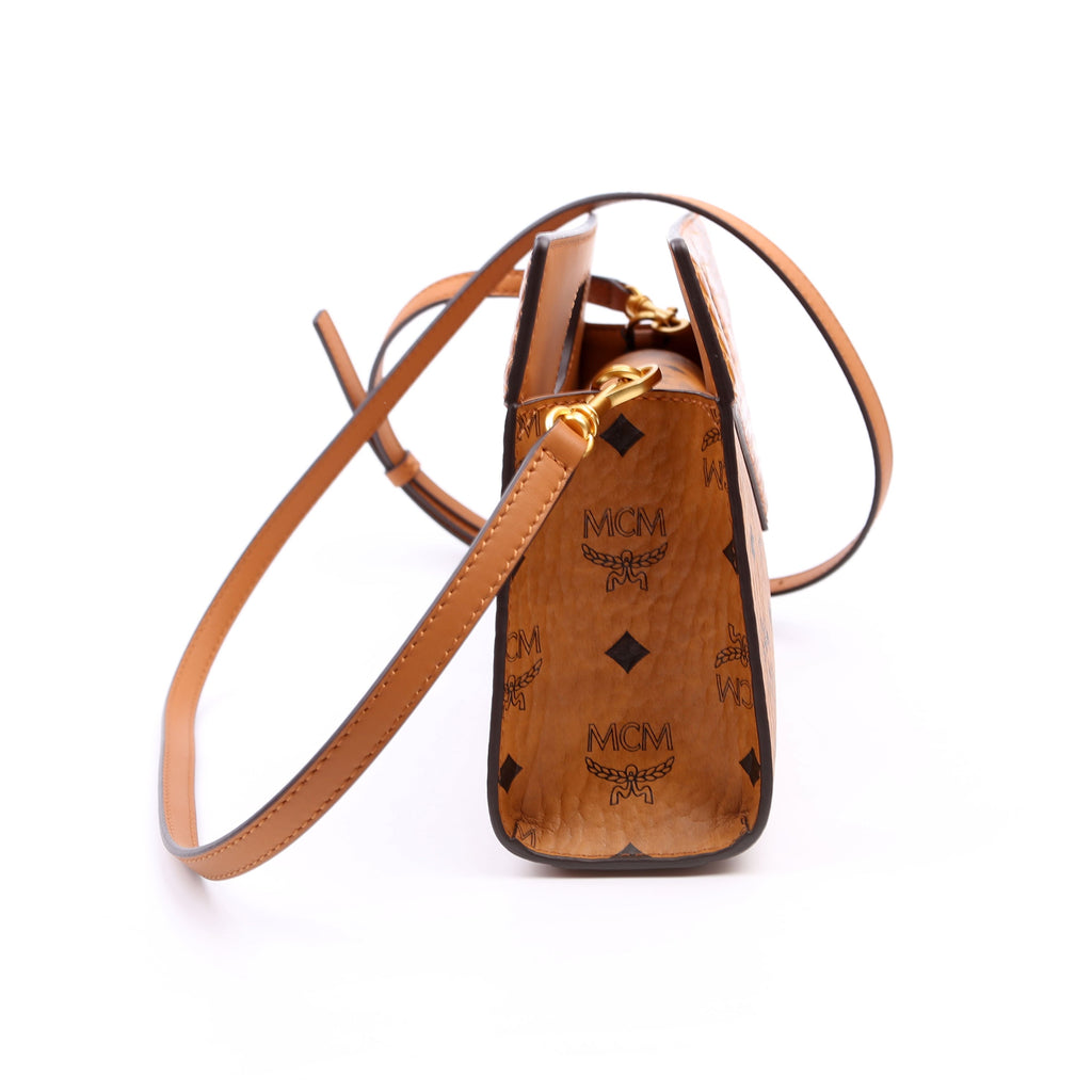 Visetos/Crocodile Embossed Leather Diamond Tote Small Cognac