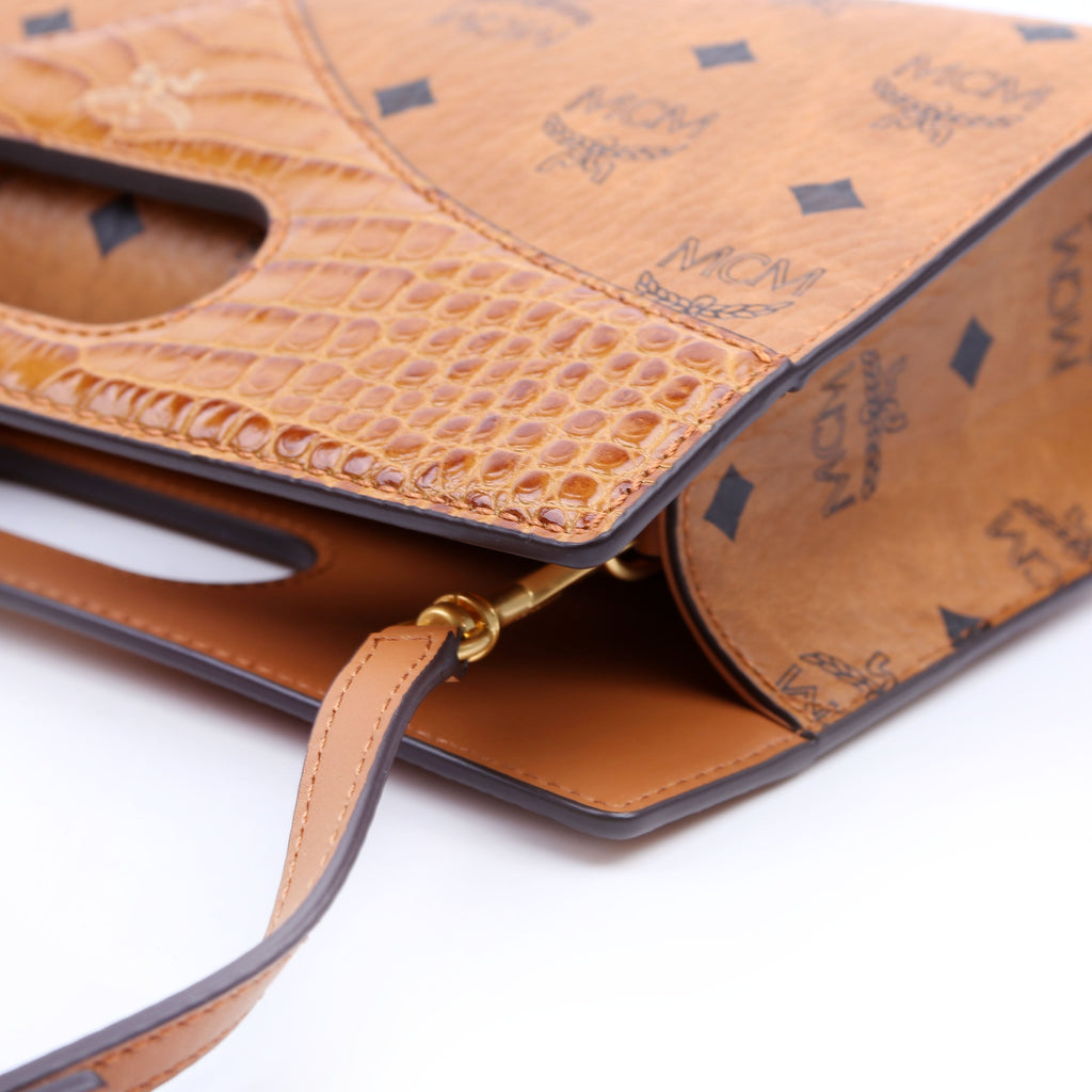 Visetos/Crocodile Embossed Leather Diamond Tote Small Cognac