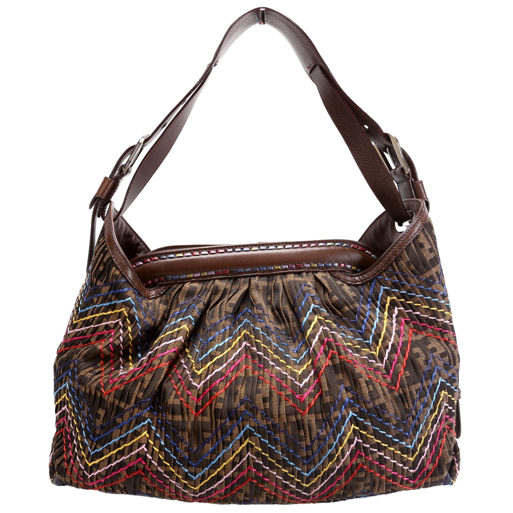 8BR579 Pleated Zucca Embroidered Doctor B Hobo Brown/Multicolor