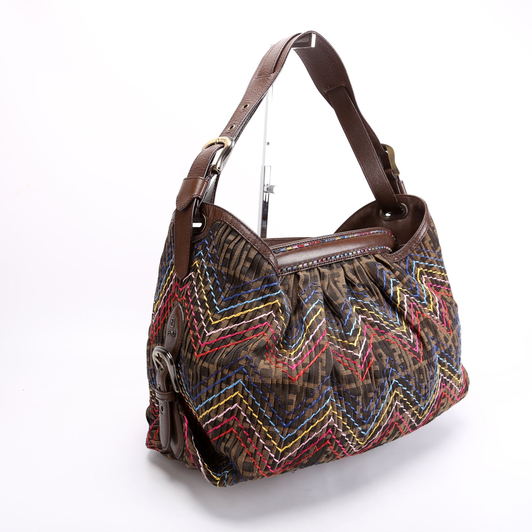 8BR579 Pleated Zucca Embroidered Doctor B Hobo Brown/Multicolor