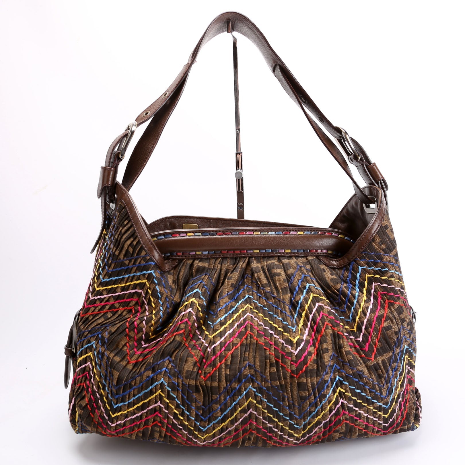 8BR579 Pleated Zucca Embroidered Doctor B Hobo Brown/Multicolor