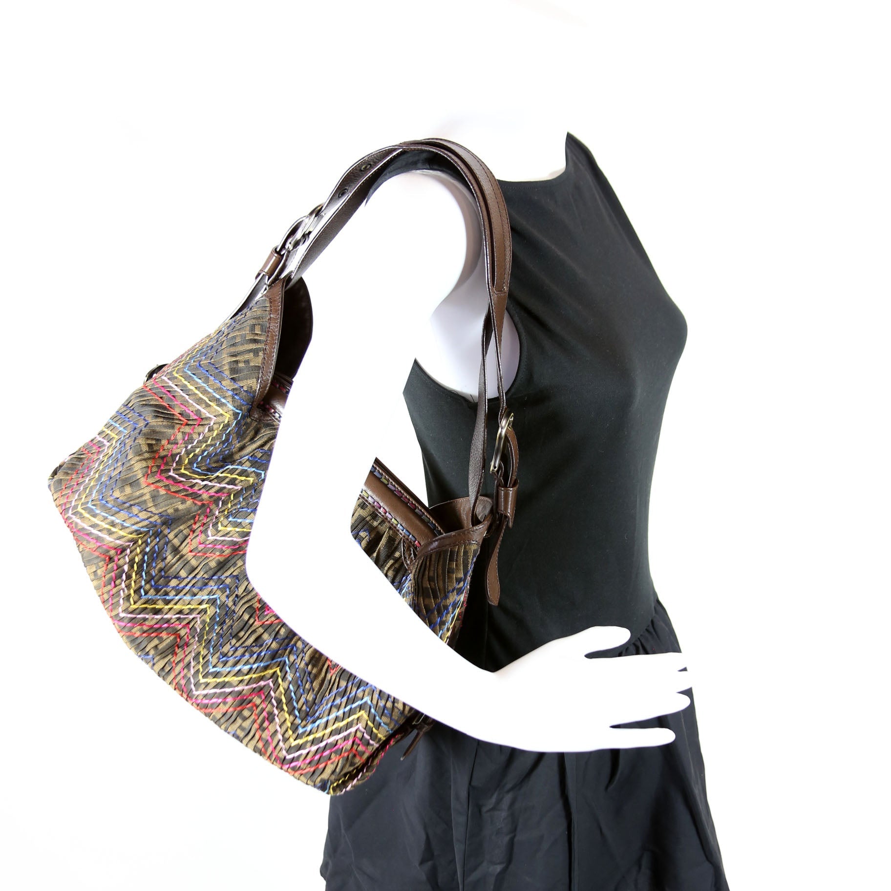 8BR579 Pleated Zucca Embroidered Doctor B Hobo Brown/Multicolor