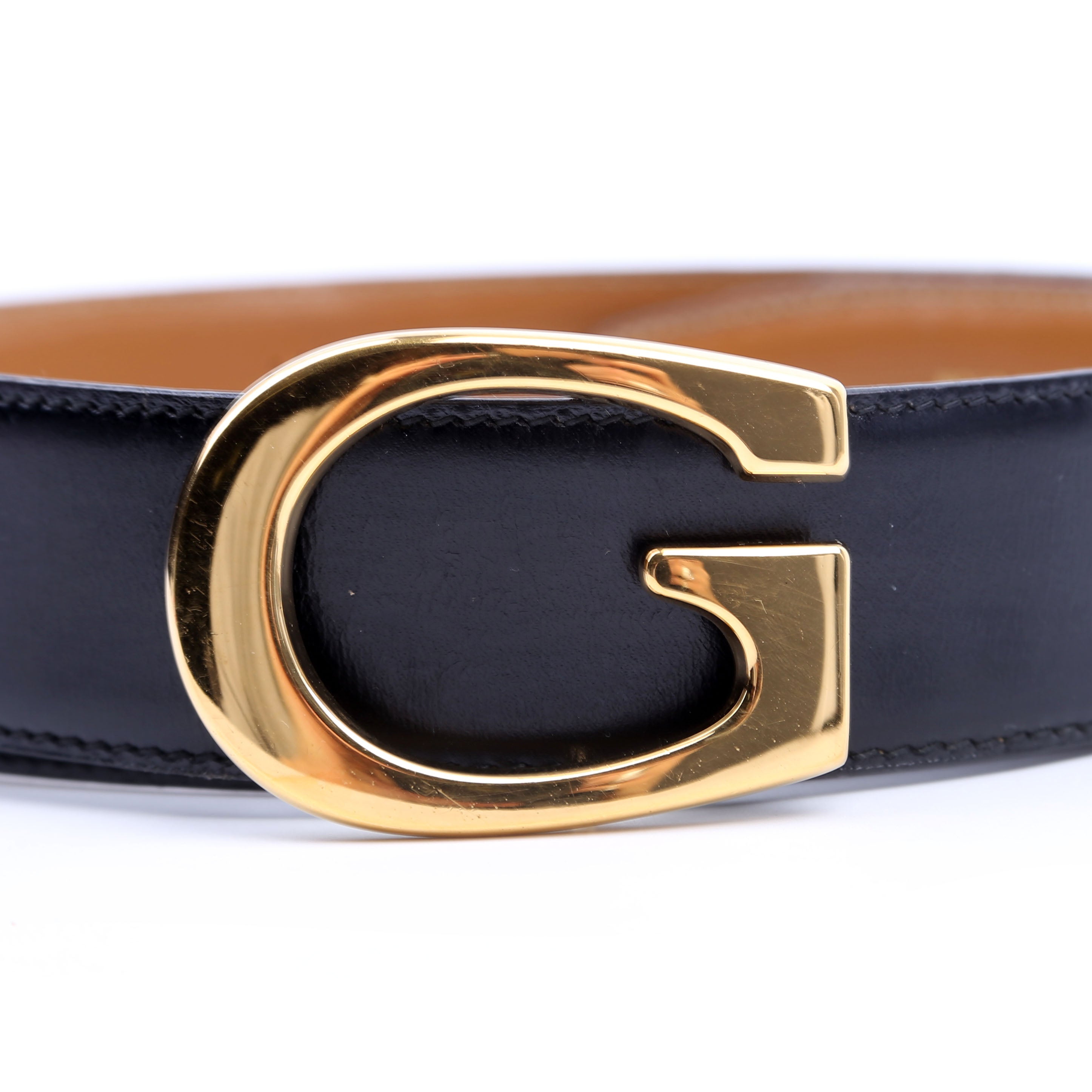 036.1476 G Buckle Reversible Calfskin Vintage Belt Size 65/26 Black/Brown