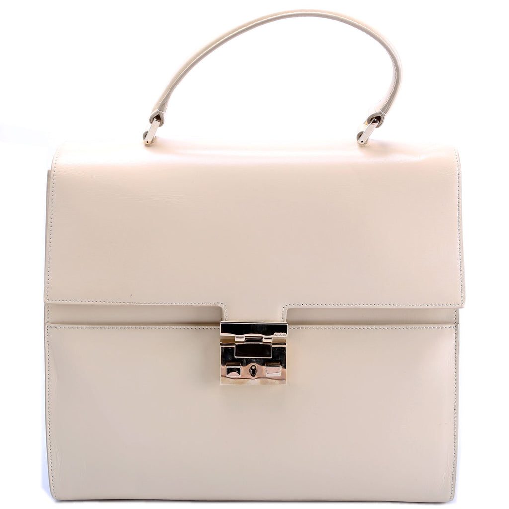 001-0857 Leather Lady Lock Top Handle Bag Vintage Beige