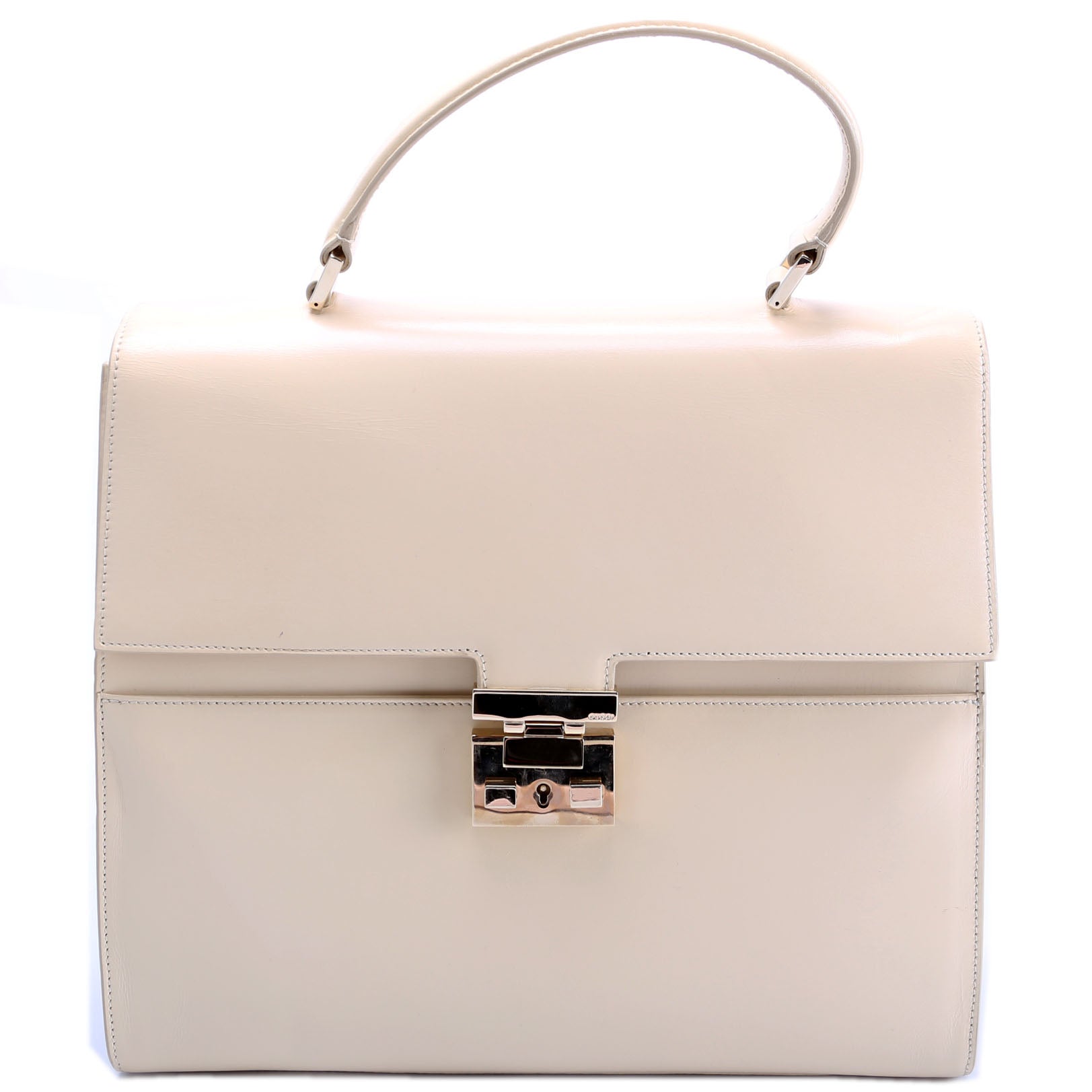 001-0857 Leather Lady Lock Top Handle Bag Vintage Beige