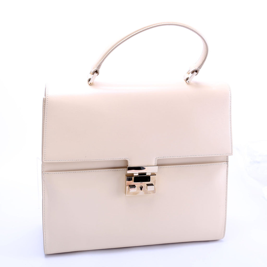 001-0857 Leather Lady Lock Top Handle Bag Vintage Beige