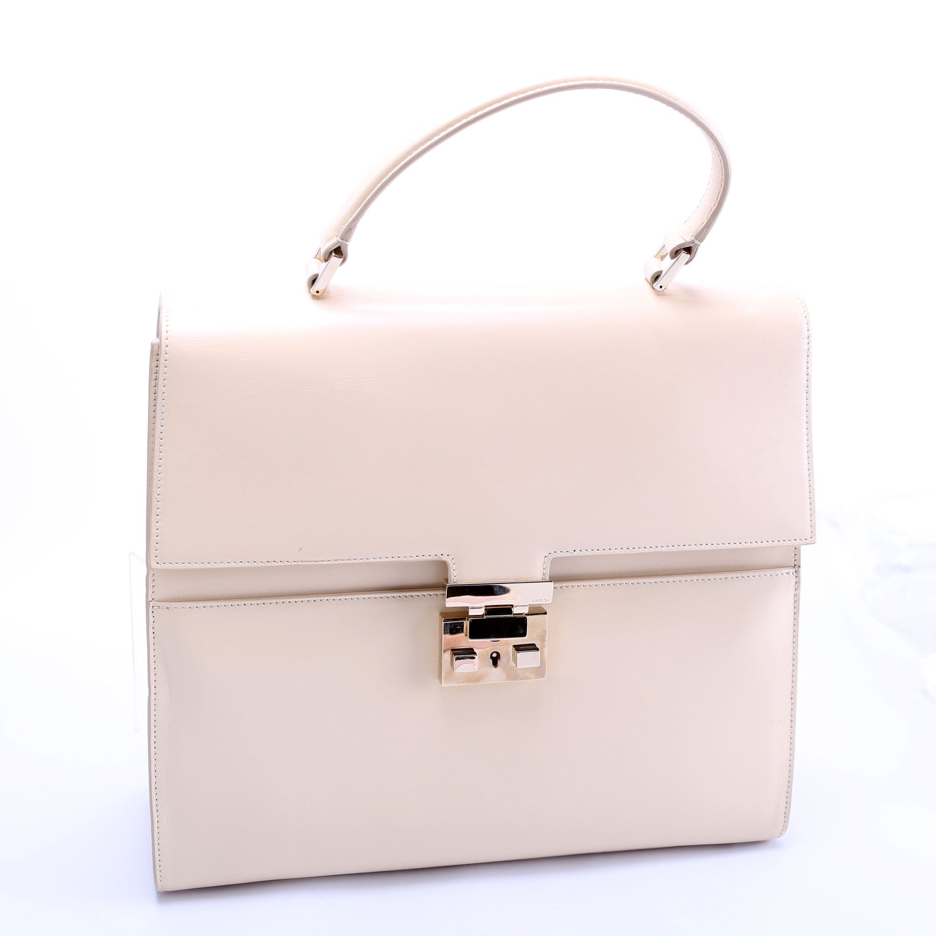 001-0857 Leather Lady Lock Top Handle Bag Vintage Beige