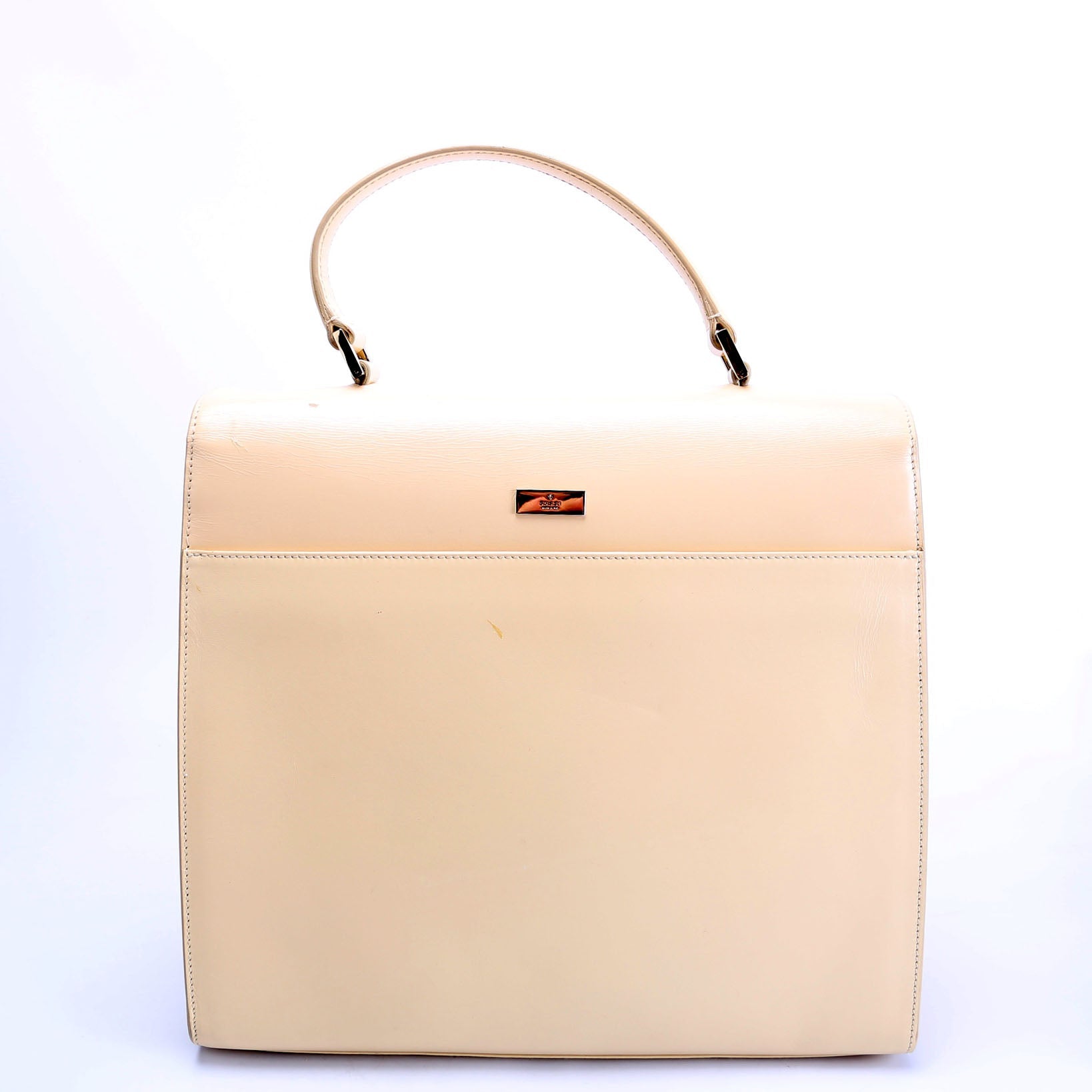 001-0857 Leather Lady Lock Top Handle Bag Vintage Beige