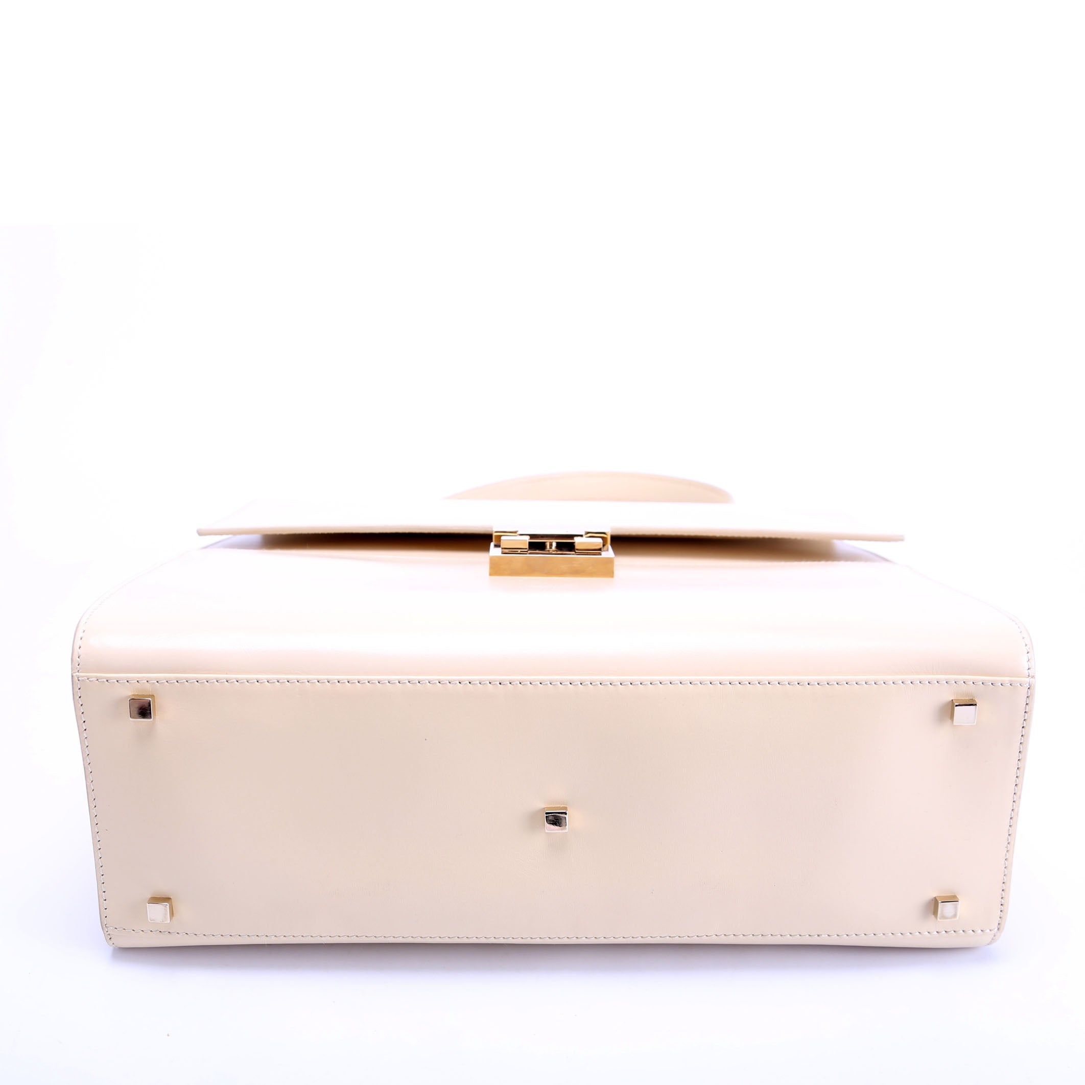 001-0857 Leather Lady Lock Top Handle Bag Vintage Beige