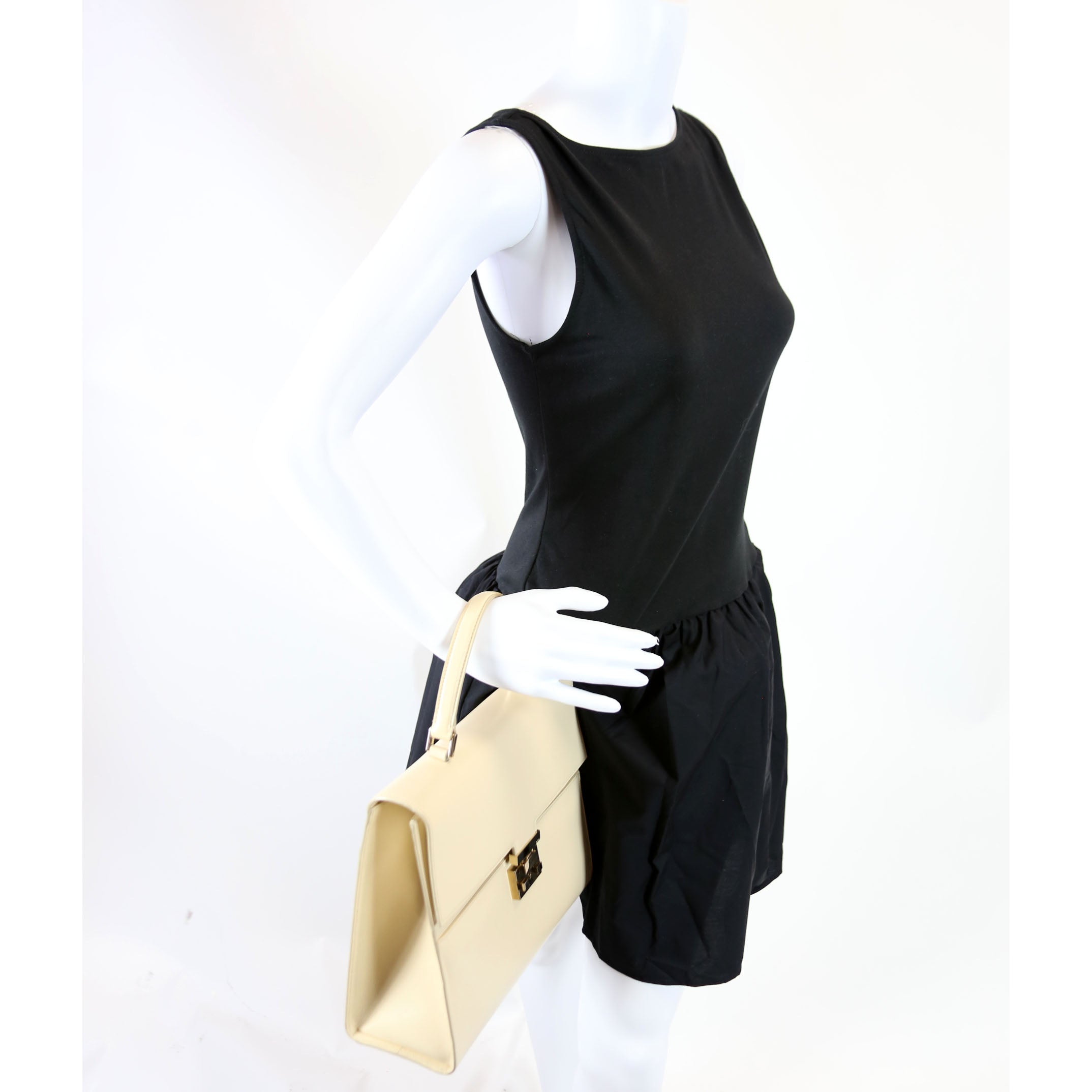 001-0857 Leather Lady Lock Top Handle Bag Vintage Beige
