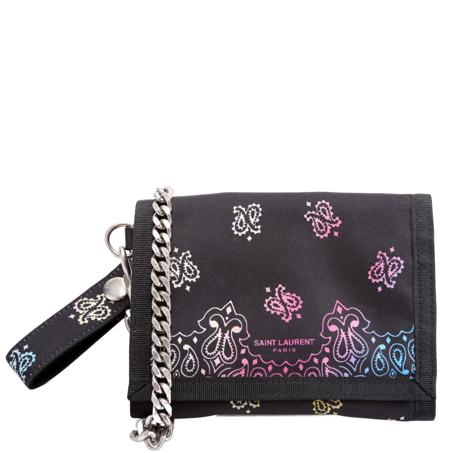 SAINT LAURENT 556417 Bandana Print Nylon Chain Wallet Black/Multicolor